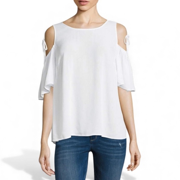 a.n.a Tops - a.n.a Women's White Cold Shoulder Crew Neck Short White Tie Sleeve Blouse